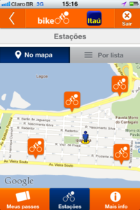 Após o zoom, a aplicação mostra sua localização e os bicicletários mais próximos.